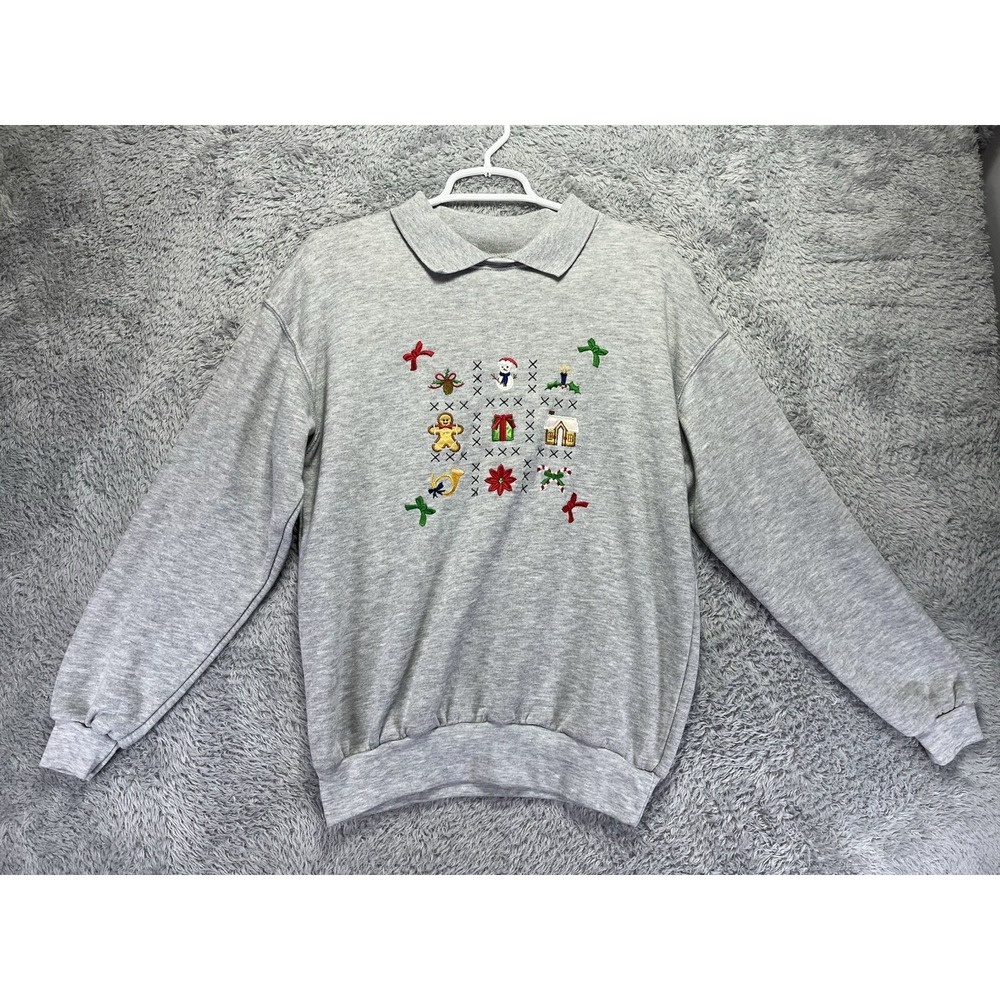 VTG Active Exchange Womens S Gray Christmas Sweatshirt Embroidered Gingerbread